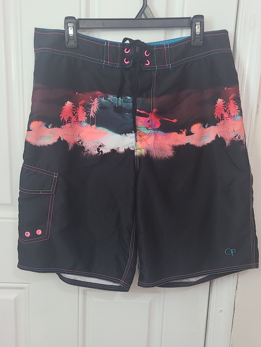 OP Men’s Black Swim Board Shorts with Coral and Teal Sunset Stripe